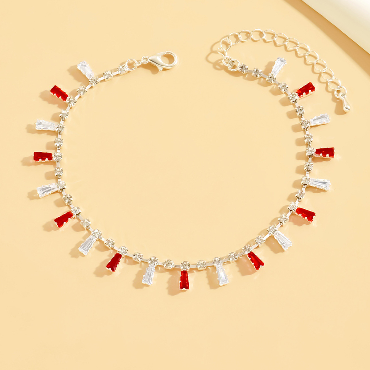 Womens Crystal Ankle Bracelet with Red and Clear Rhinestones